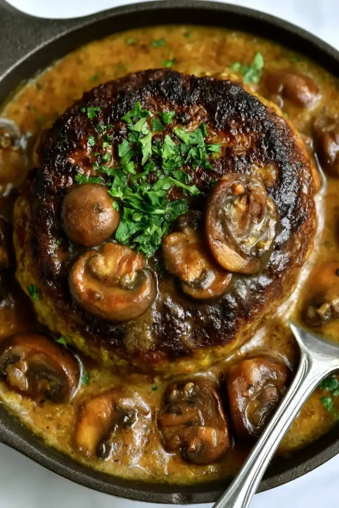 Salisbury Steak with Rich Mushroom and Onion Gravy 2 Salisbury Steak Patties Simmering in Mushroom Gravy in a Cast-Iron Skillet