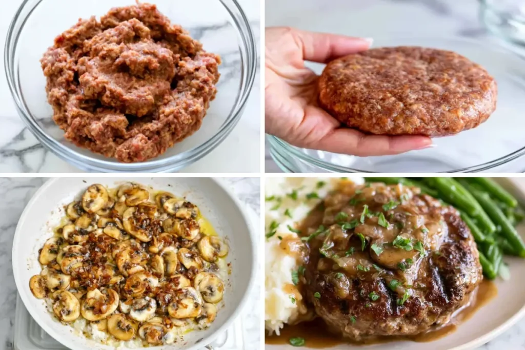 Salisbury Steak with Rich Mushroom and Onion Gravy 3 Salisbury Steak Preparation with Seasoned Beef, Oval Patties, and Mushrooms