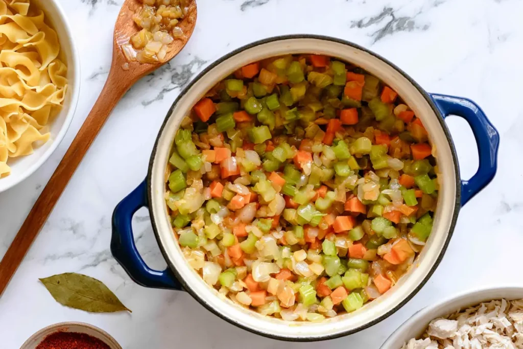 Creamy Chicken Noodle Soup for Cozy Winter Nights 4 Carrots, celery, and onion sautéing in butter for creamy chicken noodle soup
