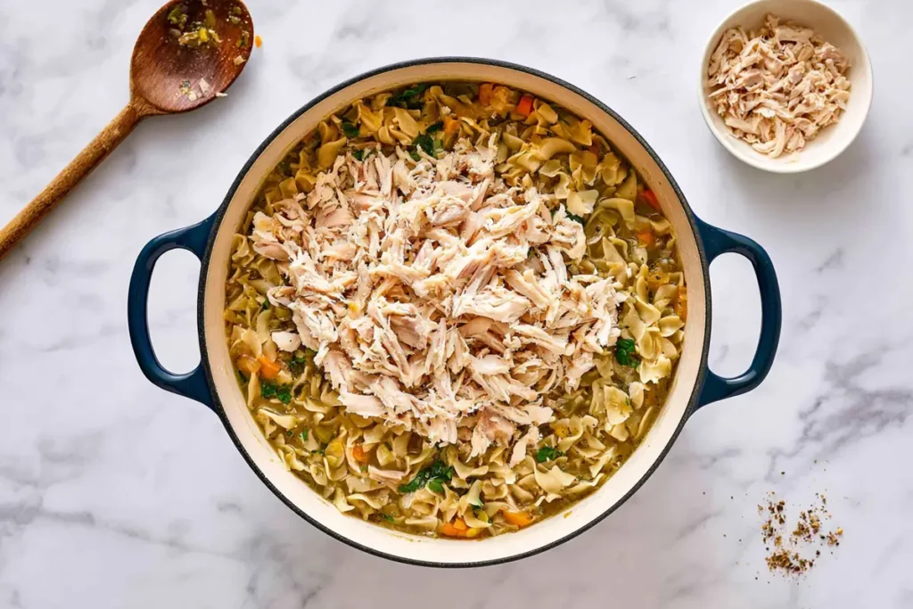 Creamy Chicken Noodle Soup for Cozy Winter Nights 7 Shredded chicken added to creamy chicken noodle soup in a Dutch oven