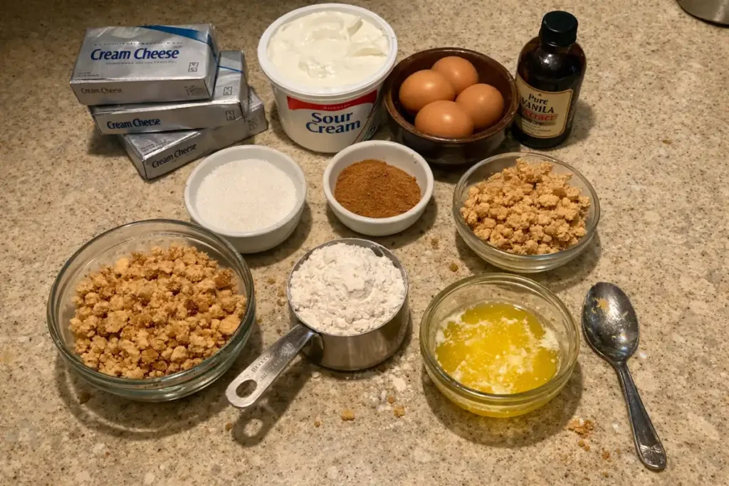 Ingredients for snickerdoodle cheesecake including cream cheese, eggs, cinnamon, sugar, and cookie crumbs on a kitchen counter.