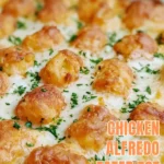 Chicken Alfredo Tater Tot Casserole recipe with golden tater tots and creamy chicken filling