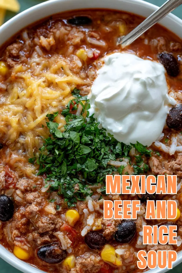 Mexican Beef and Rice Soup with Black Beans and Corn 5 Mexican Beef and Rice Soup recipe with ground beef, rice, black beans, corn, and tomatoes