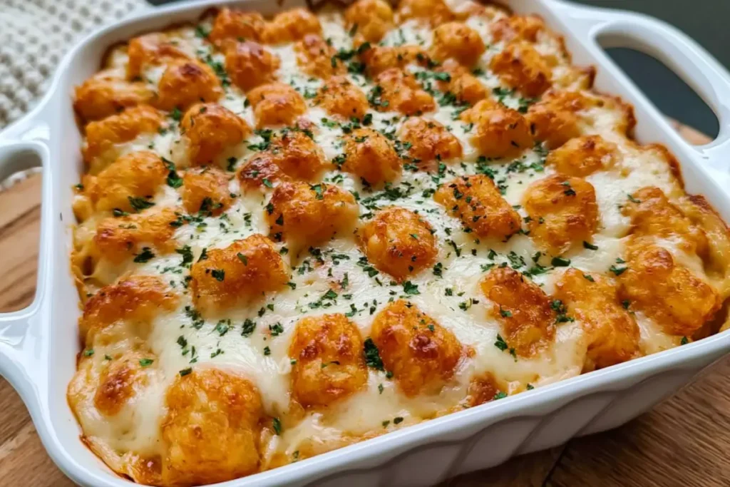 Chicken Alfredo Tater Tot Casserole for an Easy Weeknight Dinner 4 Chicken Alfredo Tater Tot Casserole with golden tater tots and creamy Alfredo chicken filling