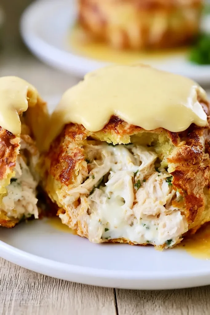 Chicken Pillows with Creamy Chicken Gravy 7 Chicken Pillows cut open with creamy shredded chicken filling and chicken gravy