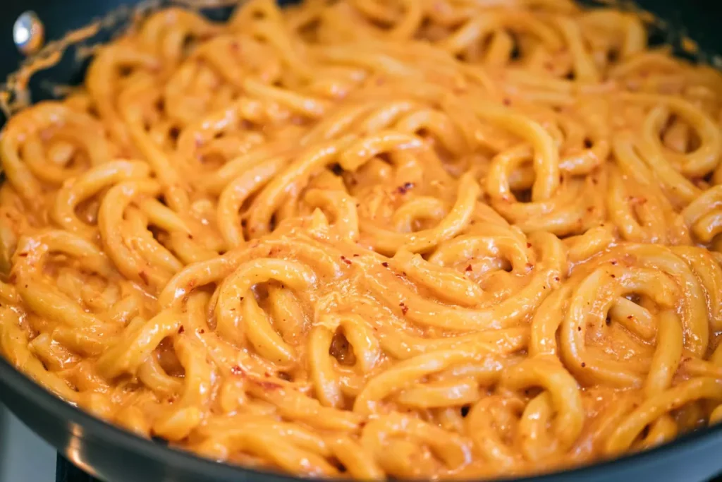 Creamy Gochujang Udon Noodles for a Fast Spicy Dinner 15 Close-up of Creamy Gochujang Udon Noodles coated in spicy cream sauce