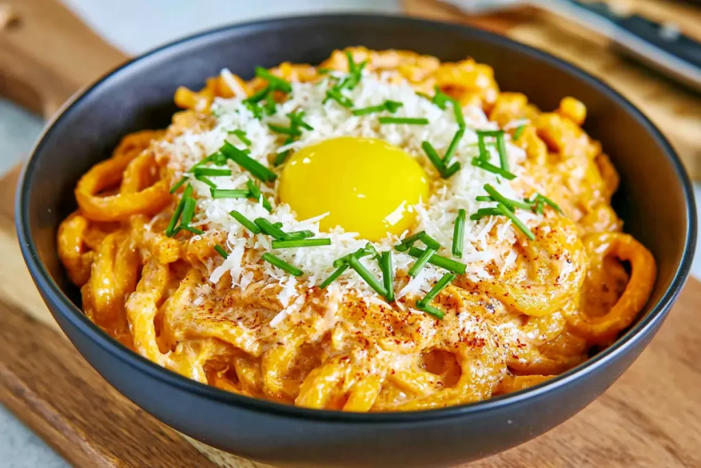 Creamy Gochujang Udon Noodles for a Fast Spicy Dinner 10 Creamy Gochujang Udon Noodles topped with egg yolk parmesan and green onion