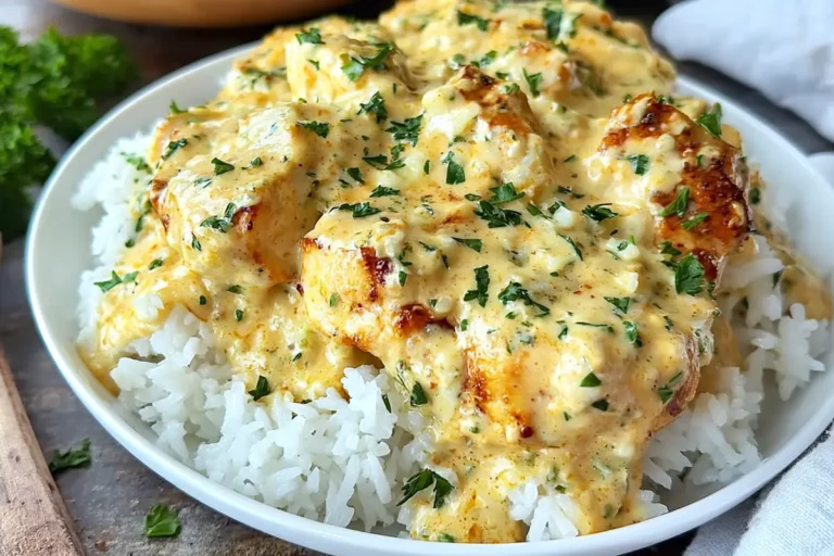 Creamy smothered chicken with rice and cheesy sauce served on a plate in a home kitchen