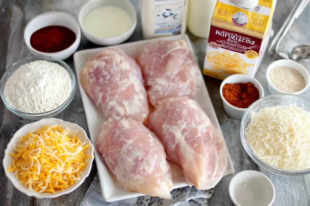 Ingredients for creamy smothered chicken including chicken breasts, rice, cheese, milk and spices