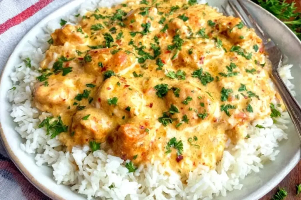 Creamy smothered chicken served over rice on dinner plate