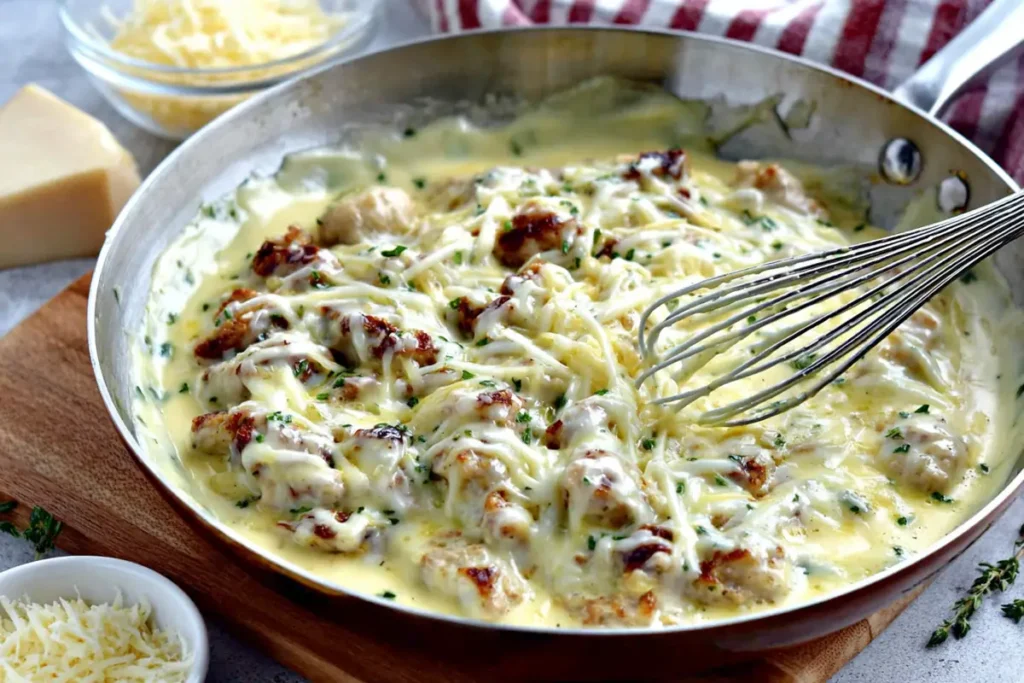 Creamy cheese sauce cooking in skillet for smothered chicken recipe
