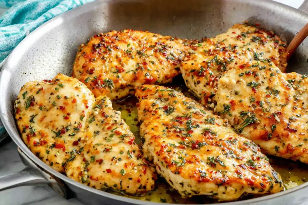Chicken breasts searing in skillet for creamy smothered chicken recipe