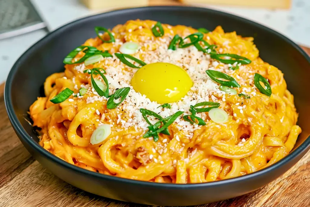 Creamy Gochujang Udon Noodles for a Fast Spicy Dinner 16 Finished Creamy Gochujang Udon Noodles with parmesan green onion and egg yolk