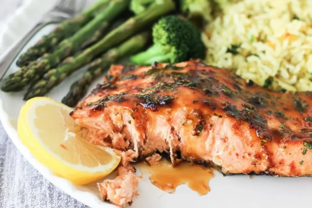 grilled salmon served with rice and vegetables on a casual dinner plate