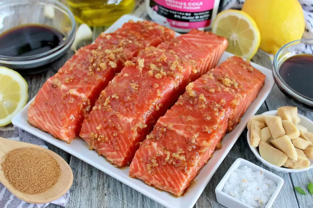 ingredients for grilled salmon marinade including salmon, soy sauce, brown sugar, lemon, garlic, and olive oil