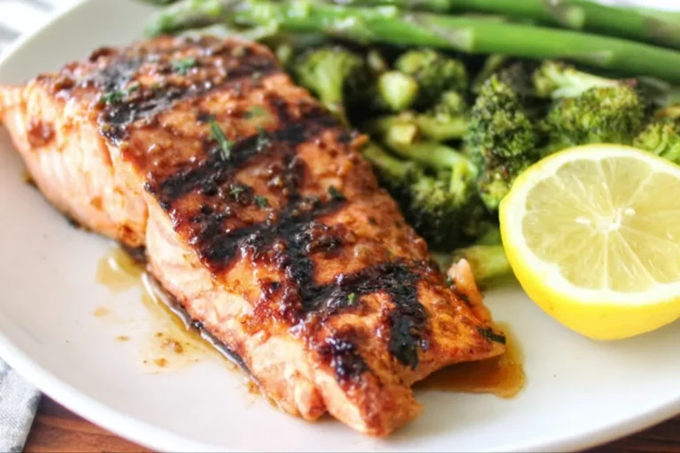 grilled salmon with caramelized brown sugar soy glaze served on a simple plate