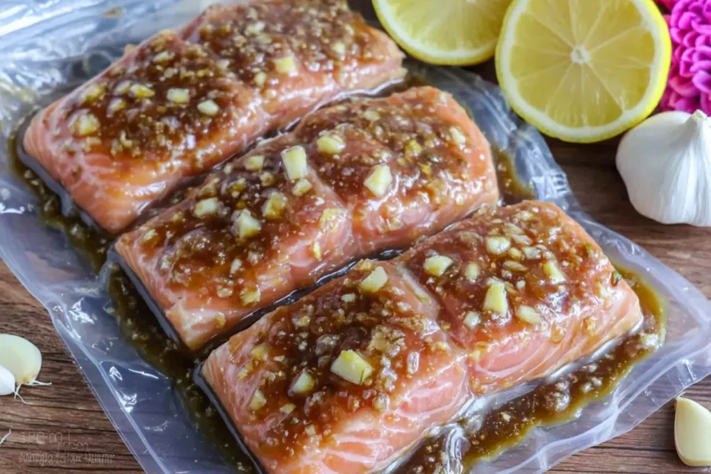 salmon fillets marinating in soy sauce brown sugar lemon marinade before grilling