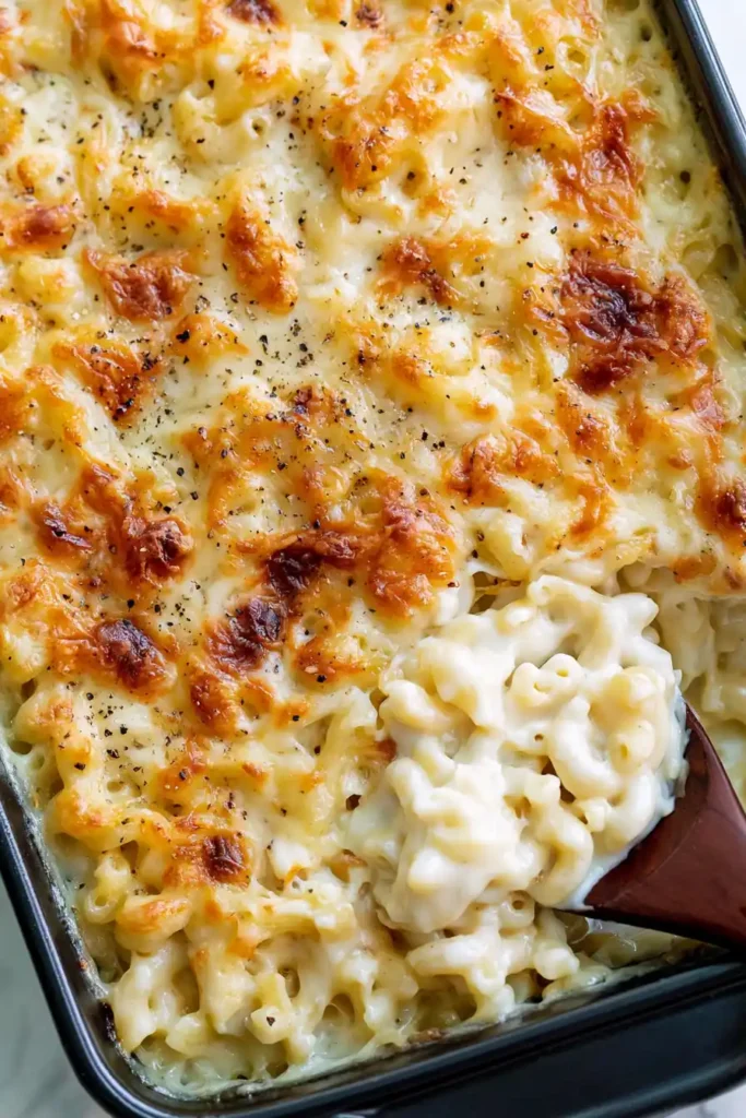 Homemade Baked Mac and Cheese with a Creamy Layered Center 3 Homemade Baked Mac and Cheese bubbling in a 9x13 baking dish
