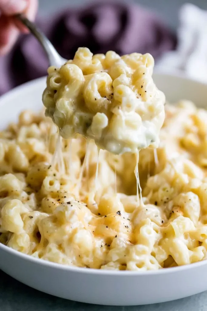 Homemade Baked Mac and Cheese with a Creamy Layered Center 5 Homemade Baked Mac and Cheese with creamy cheese pull in a bowl