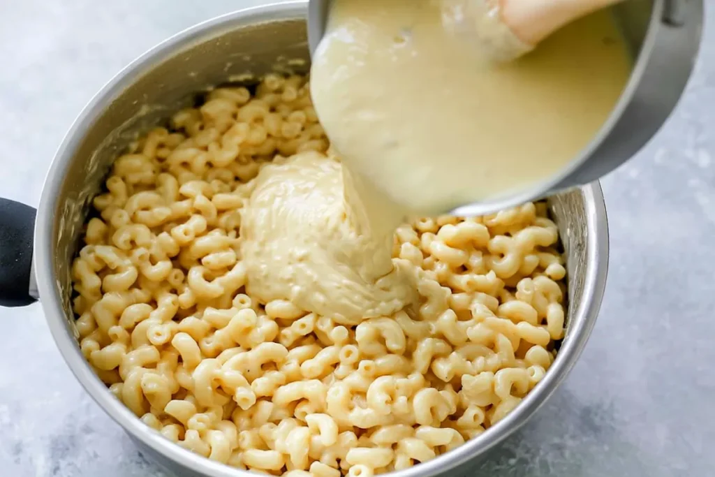 Homemade Baked Mac and Cheese with a Creamy Layered Center 2 Homemade Baked Mac and Cheese sauce poured over elbow macaroni