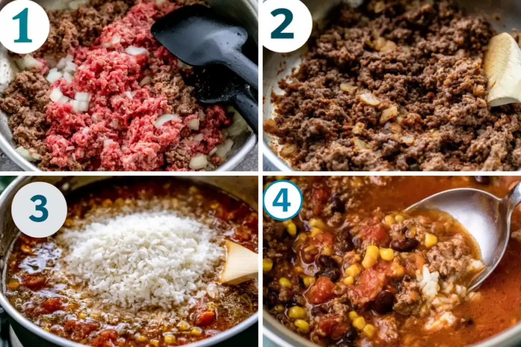 Mexican Beef and Rice Soup with Black Beans and Corn 3 Mexican Beef and Rice Soup cooking stages from browned beef to tender rice