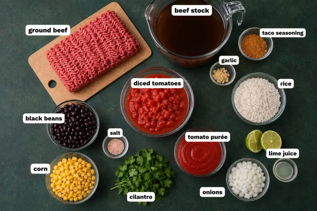 Mexican Beef and Rice Soup with Black Beans and Corn 2 Mexican Beef and Rice Soup ingredients arranged in a warm family kitchen