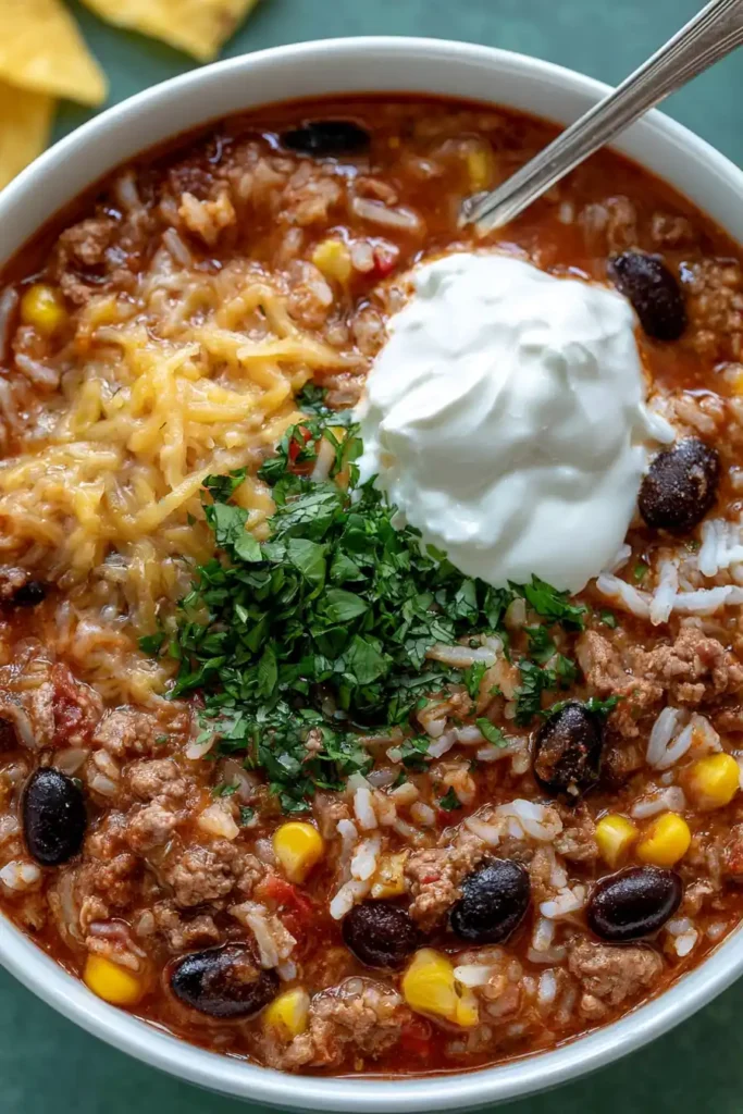 Mexican Beef and Rice Soup with Black Beans and Corn 4 Mexican Beef and Rice Soup topped with cheese, sour cream, cilantro, and tortilla chips
