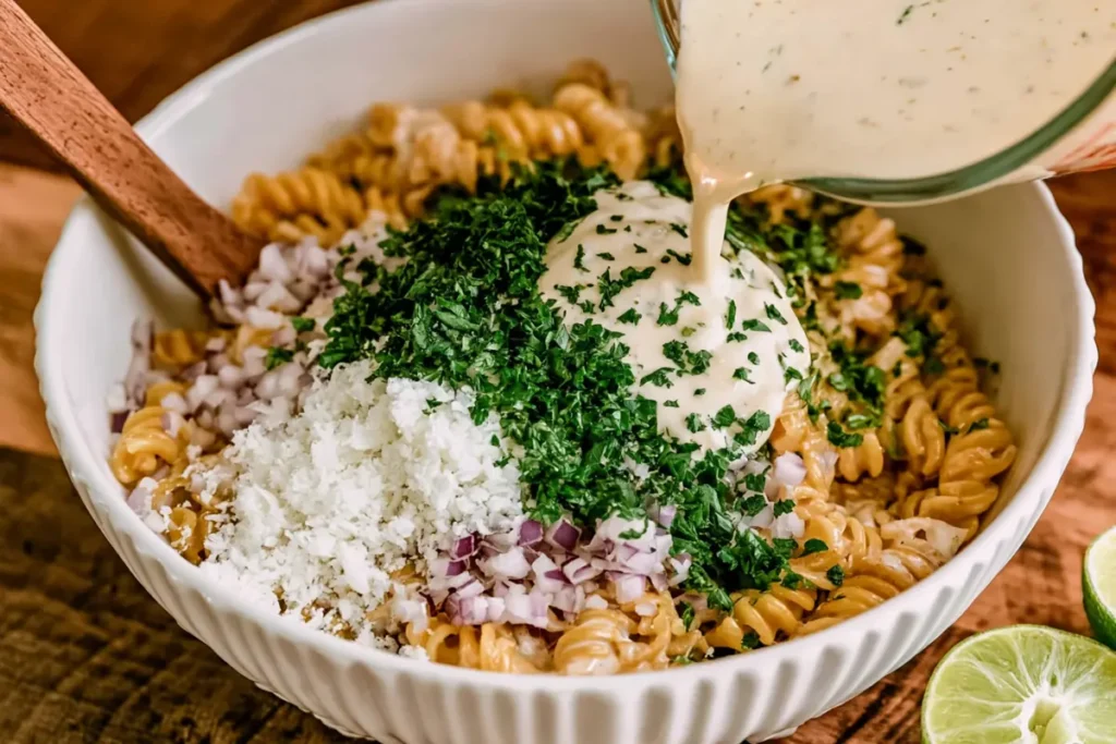 Street Corn Pasta Salad with Charred Corn and Cotija 5 Creamy lime dressing poured over Street Corn Pasta Salad ingredients