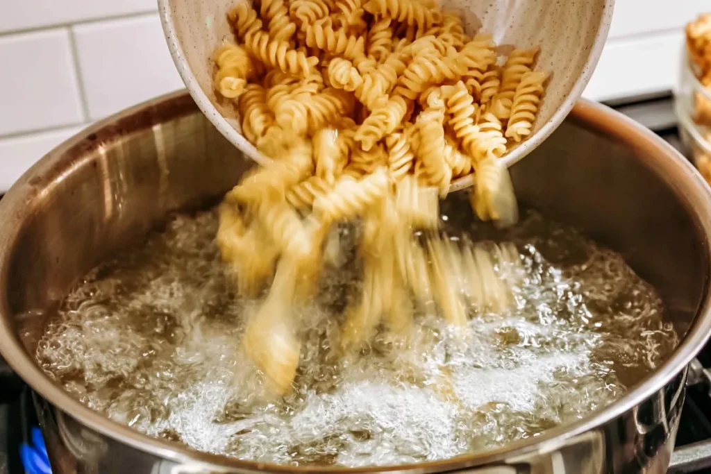 Street Corn Pasta Salad with Charred Corn and Cotija 3 Spiral pasta boiling until al dente for Street Corn Pasta Salad