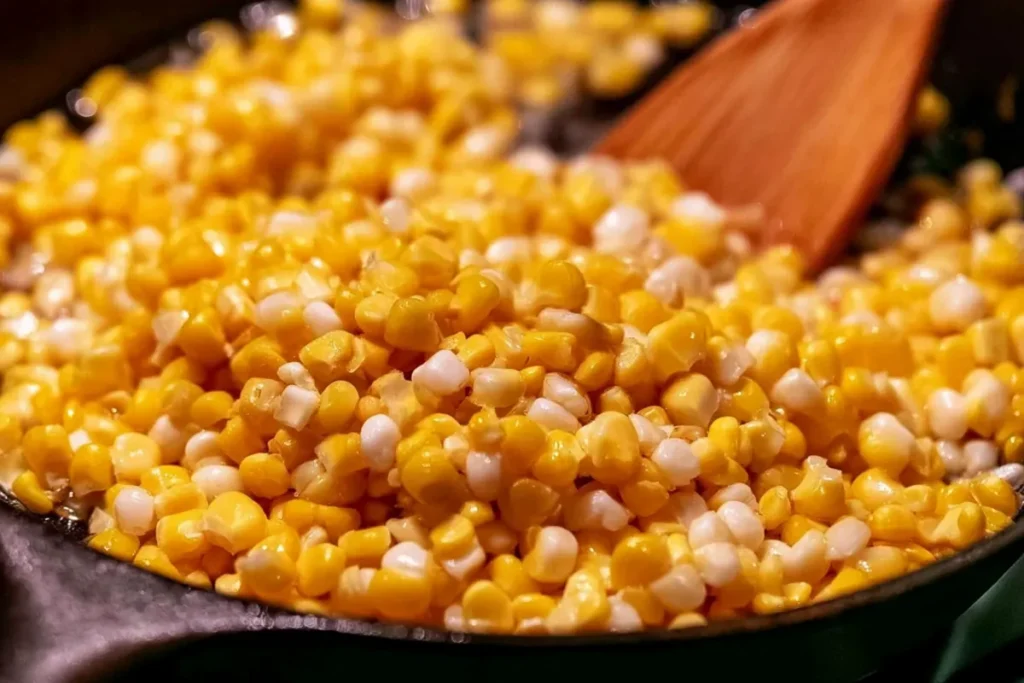 Street Corn Pasta Salad with Charred Corn and Cotija 4 Butter-charred corn kernels in a cast-iron skillet for Street Corn Pasta Salad