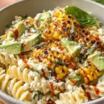bowl of creamy street corn pasta salad with roasted corn, avocado and chili butter