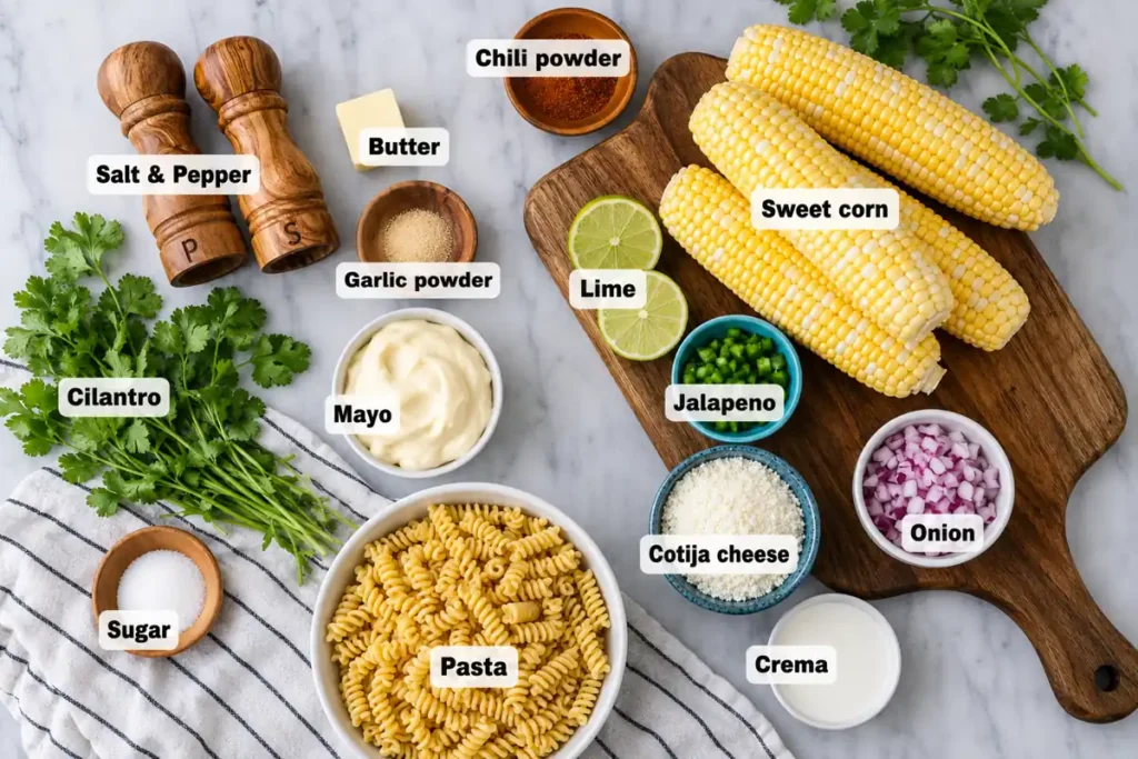 Street Corn Pasta Salad with Charred Corn and Cotija 2 Street Corn Pasta Salad ingredients with corn, cotija, lime, crema, and spiral pasta