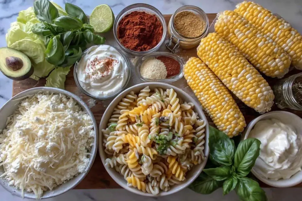 ingredients for street corn pasta salad including corn, pasta, avocado, herbs and cheese