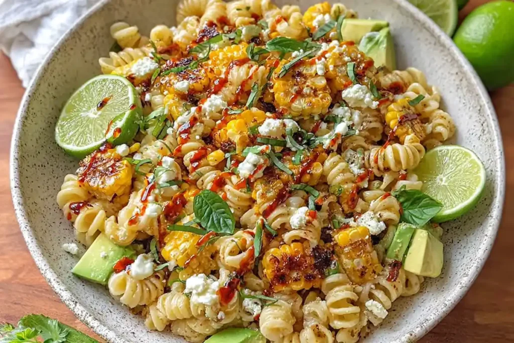 serving bowl of street corn pasta salad topped with chili butter and lime dressing