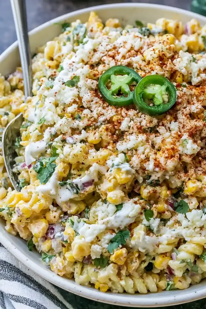 Street Corn Pasta Salad with Charred Corn and Cotija 7 Street Corn Pasta Salad served with cotija, jalapeño, cilantro, and chili powder