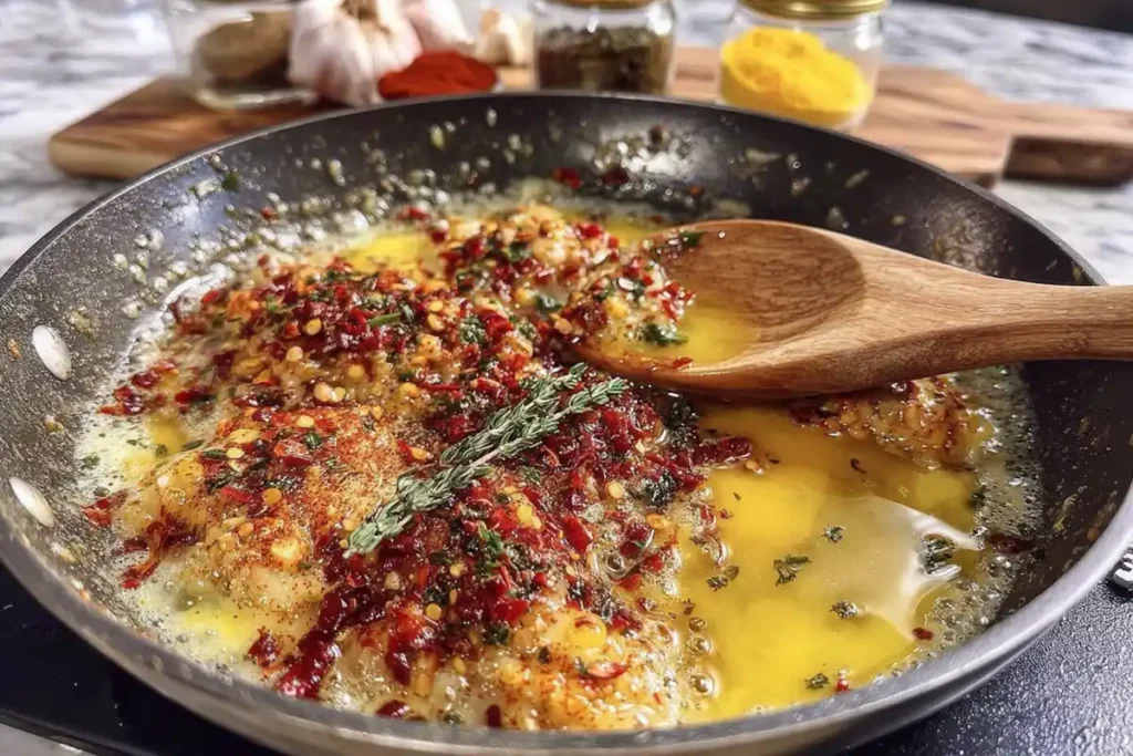 chili butter with paprika and chili powder cooking in skillet for street corn pasta salad
