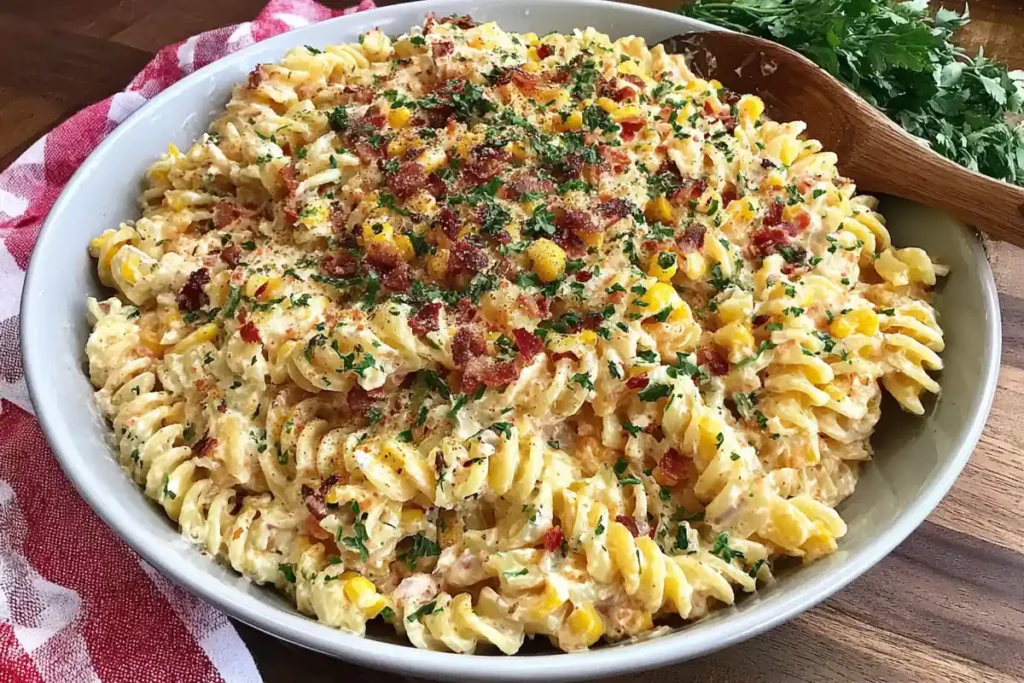 bowl of creamy street corn pasta salad with roasted corn, avocado and chili butter
