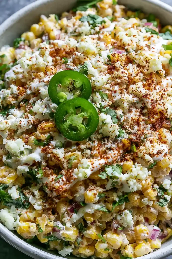Street Corn Pasta Salad with Charred Corn and Cotija 6 Close-up of creamy Street Corn Pasta Salad with charred corn, cotija, and jalapeño