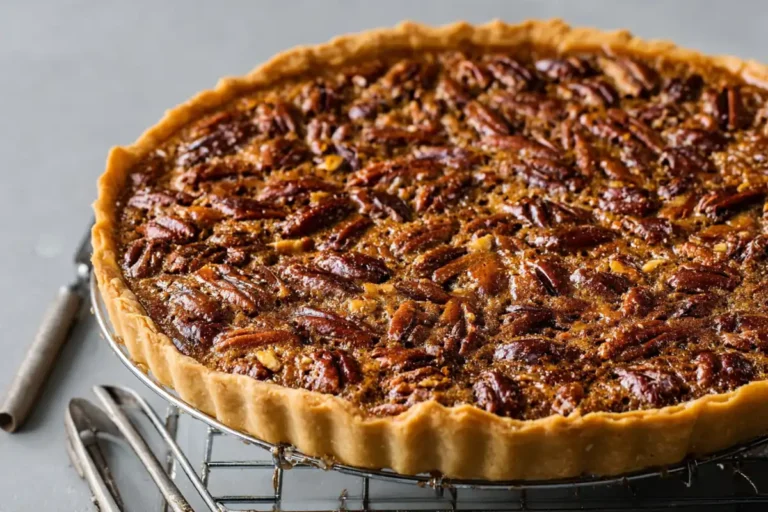 Homemade walnut tart with maple honey filling and toasted walnuts on a rustic kitchen counter