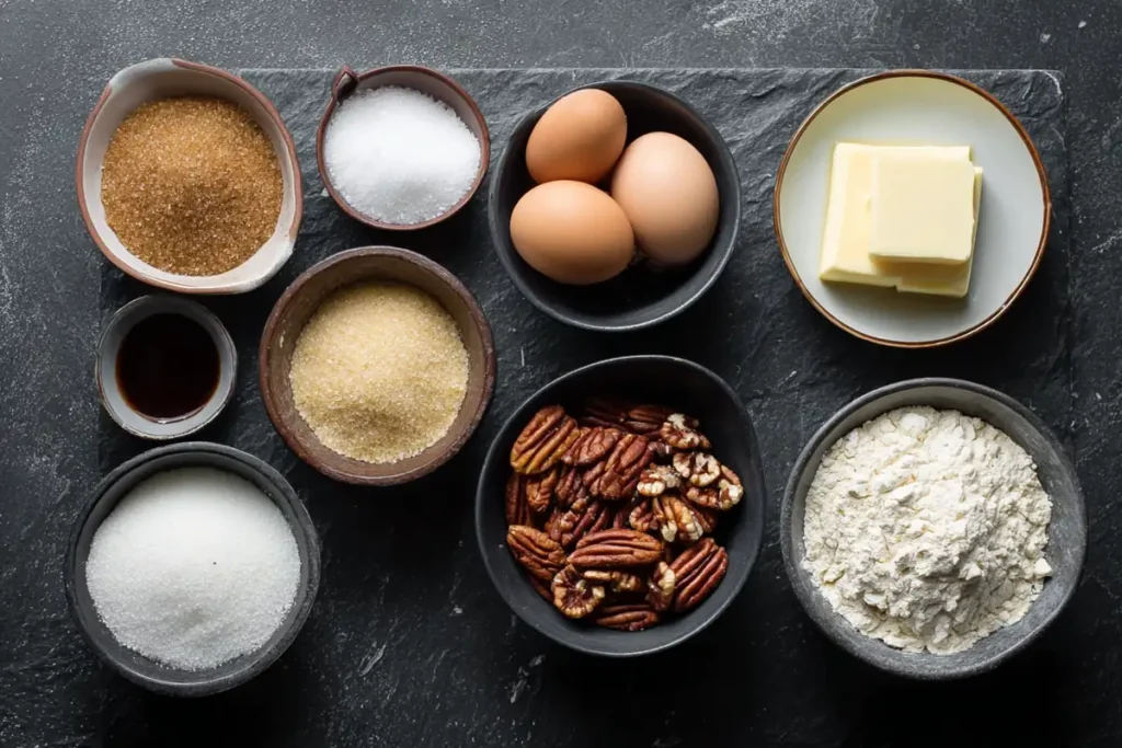 Ingredients for walnut tart including walnuts maple syrup honey eggs butter and flour on a kitchen counter