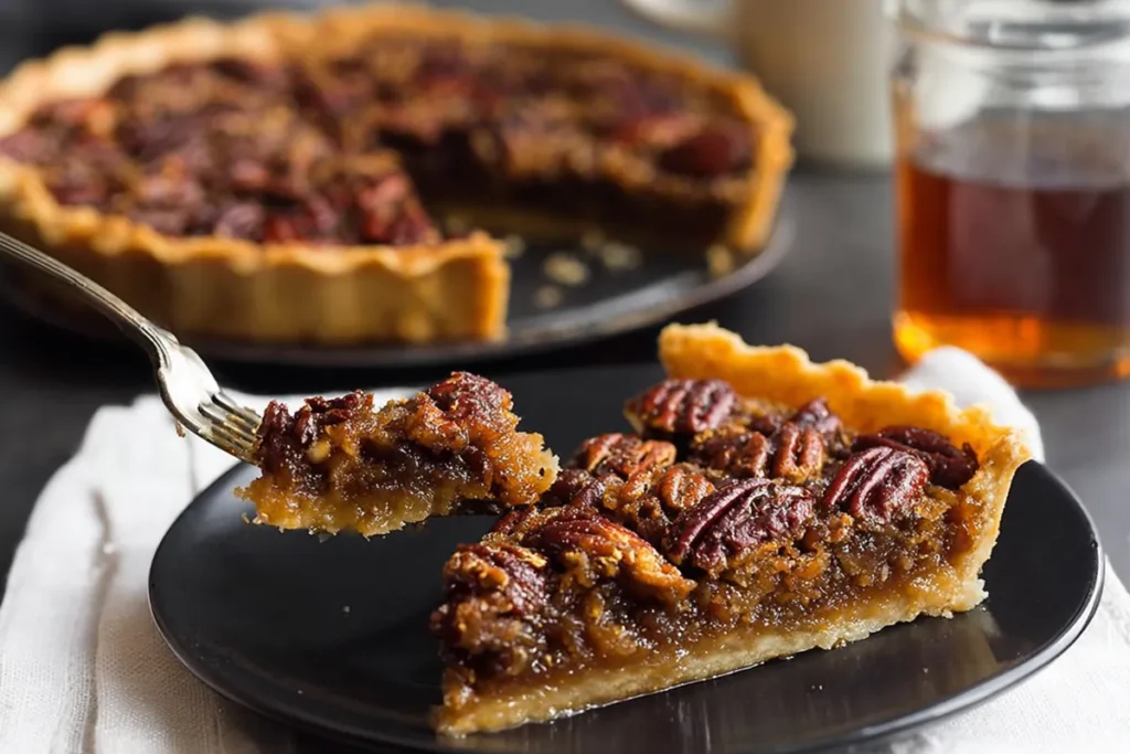 Slice of homemade walnut tart served with whipped cream on a plate