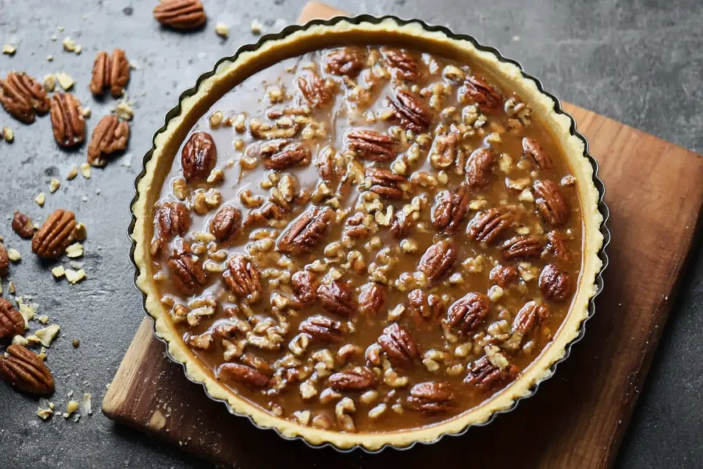 Pouring maple walnut filling into tart shell before baking
