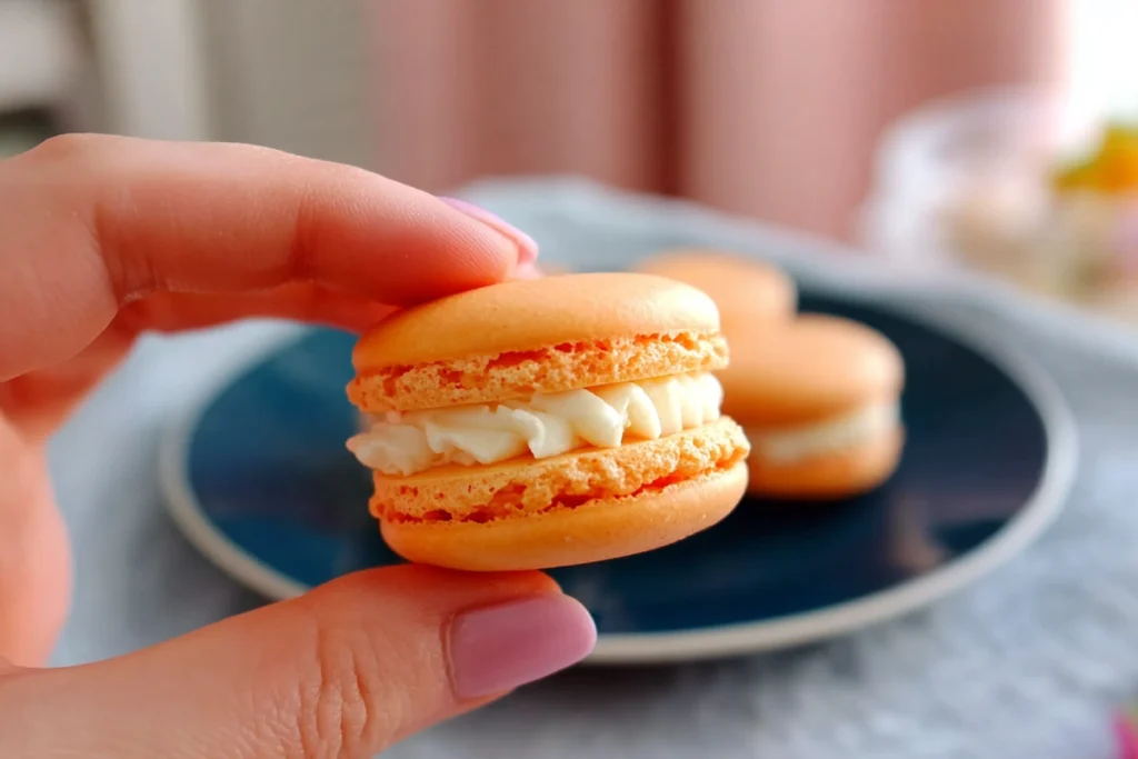 Assembled Peach Macarons with buttercream filling