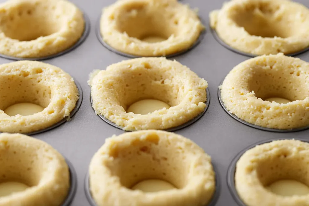 Strawberry Cookie Cups baked in a muffin pan with centers pressed for filling