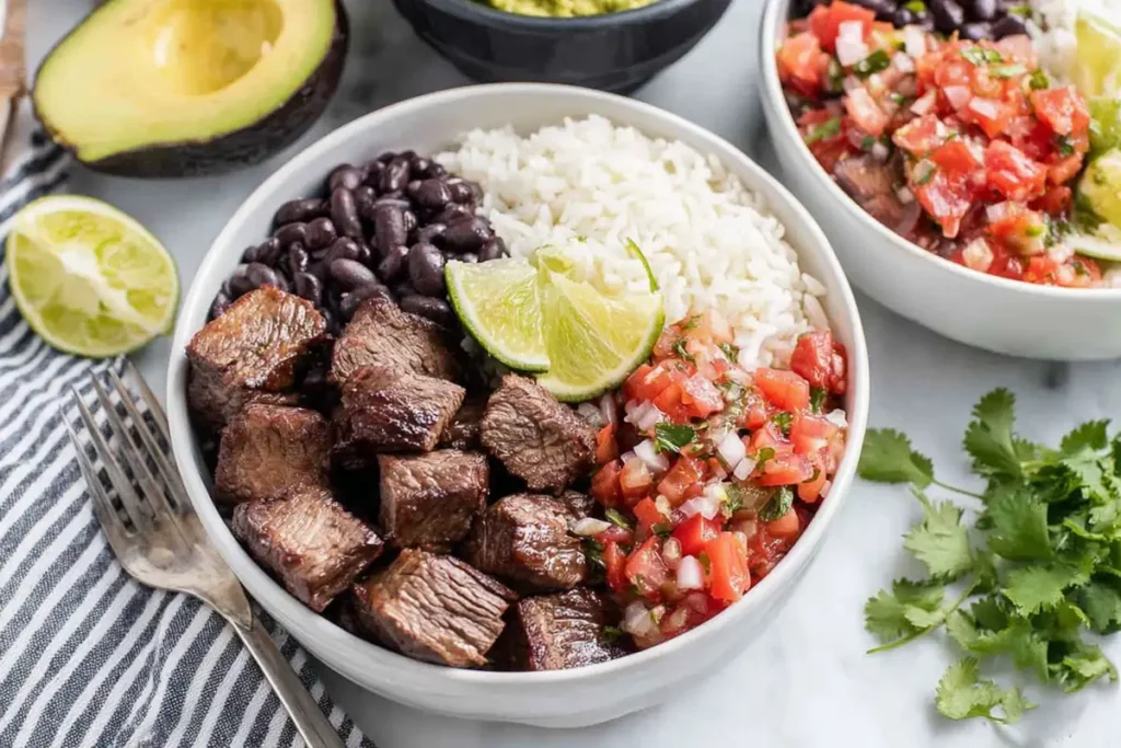 Chipotle steak seasoning burrito bowl with rice, beans, salsa, lime, and guacamole