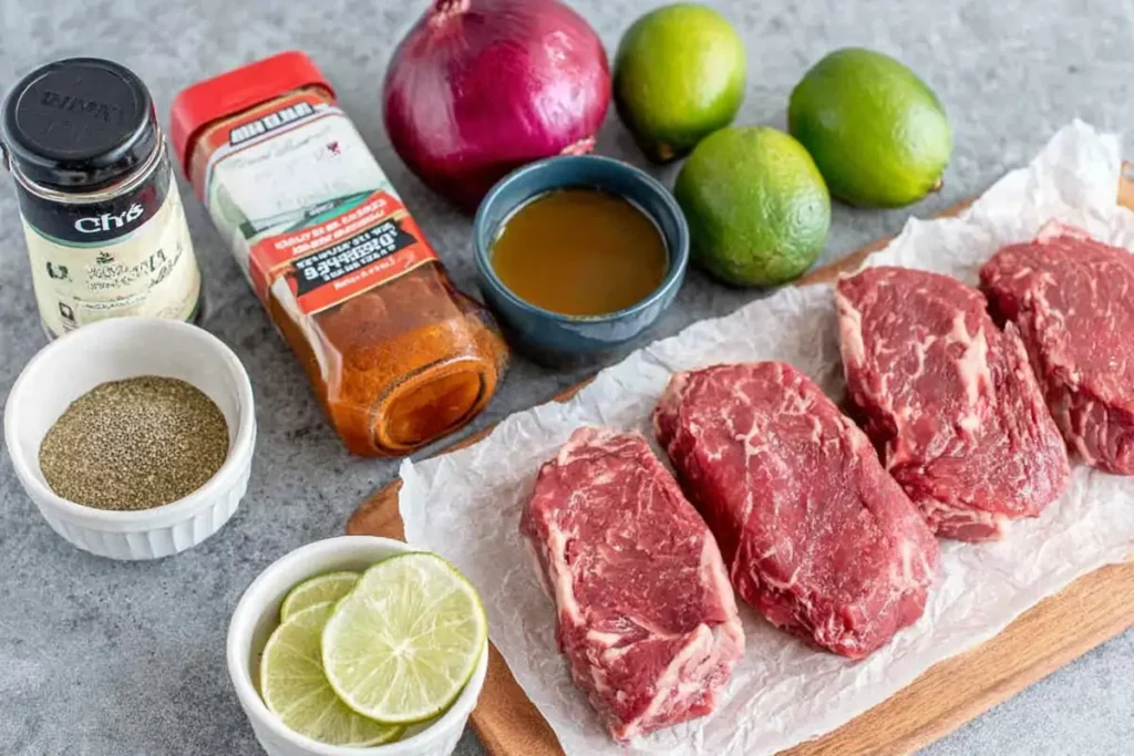 Chipotle steak seasoning ingredients with steak, chipotle adobo, garlic, onion, lime, and spices