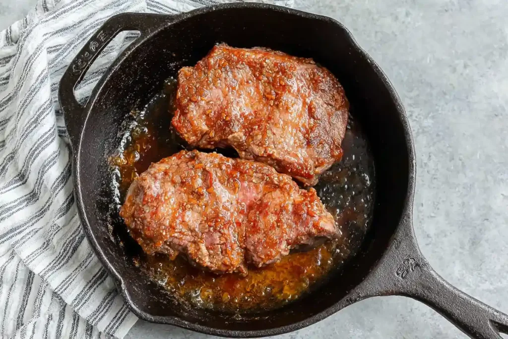 Marinated chipotle steak seasoning steak beginning to sear in a cast iron skillet