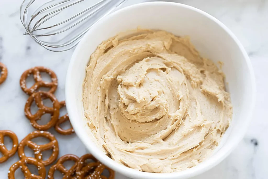 Peanut butter cookie dough dip stored in bowl ready for serving