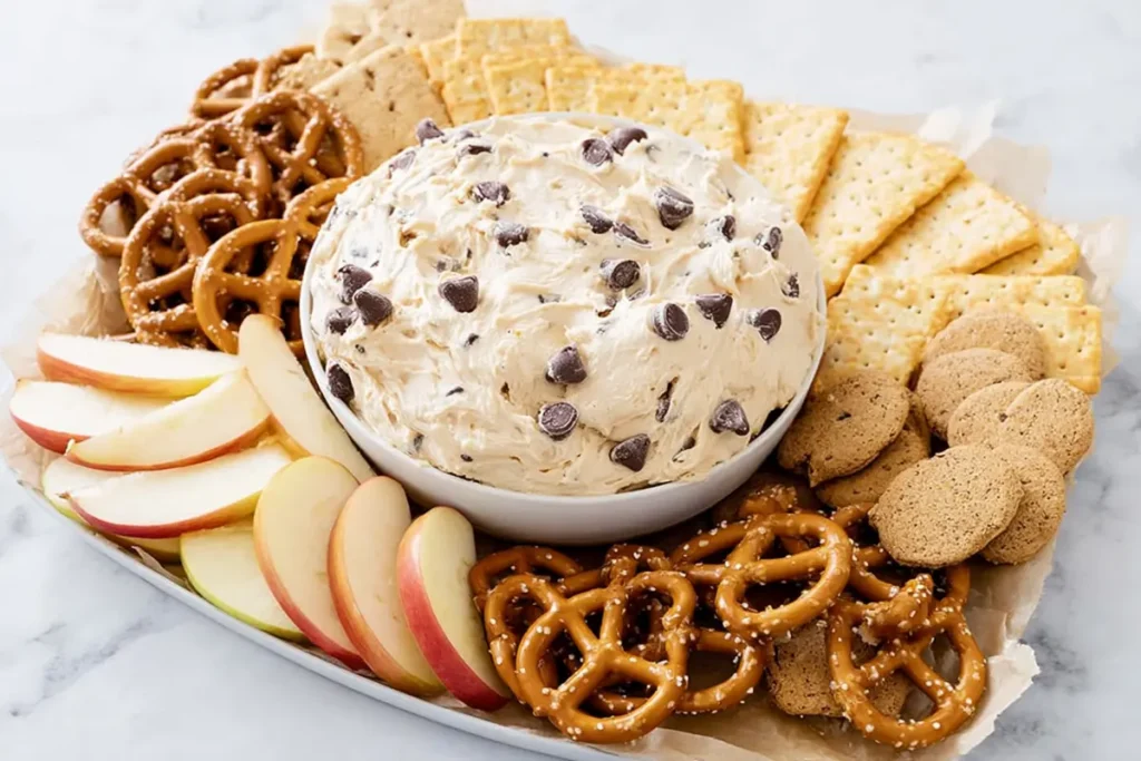 Peanut butter cookie dough dip served with apple slices pretzels and graham crackers