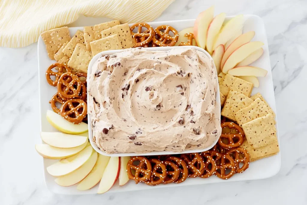 Peanut butter cookie dough dip served at a casual gathering table